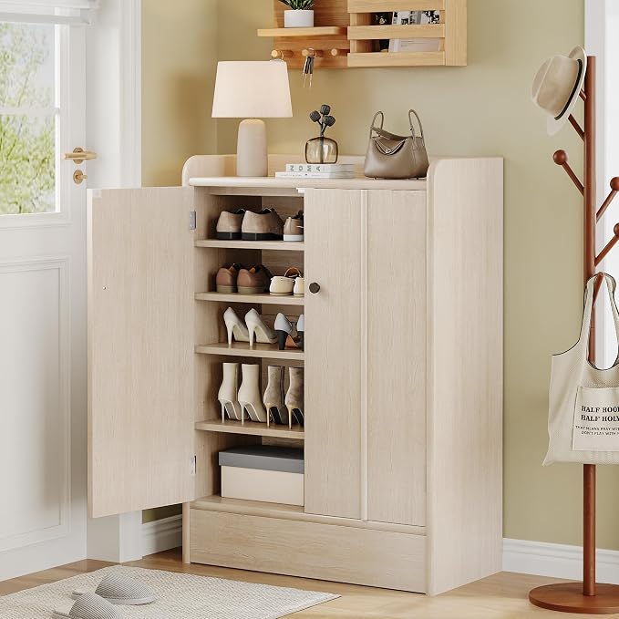 Jehiatek Light Oak Wood Shoe Cabinet with Adjustable Shelves & Large Bottom Drawer,Freestanding Closed Shoe Storage Organizer with Doors,Entryway Shoe Rack for Heels Boots Sneakers Hallway Living Room