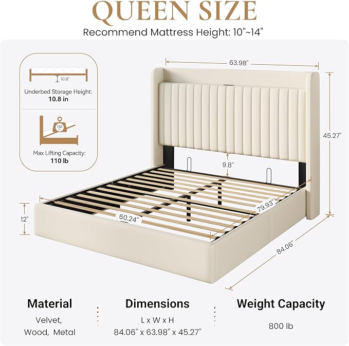 SHA CERLIN Queen Size Lift Up Storage Bed Frame, Charging Station, Cream | Storage Headboard with Charging Station, USB, Type-C Port Velvet Hydraulic Storage Bed No Box Spring Needed Noise Free