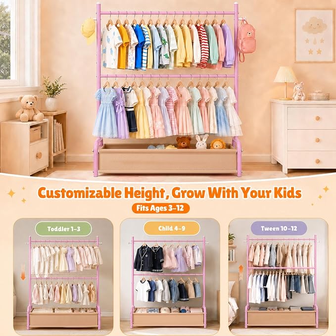 Kids Clothing Rack with Double Rod Height Adjustable Kids Clothes Rack Pink | Storage Basket & Hooks, Height Adjustable Kids Clothes Rack, Portable Baby Dress Up Garment Rack for Princess Dresses