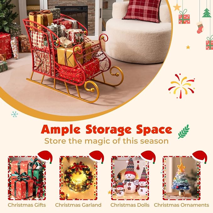 Metal Santa Sleigh, Red Christmas Decoration Sleigh Cart w/ 2-Tier Large Cargo Area for Present, Santa’s Gift Sleigh for Home Lawn Yard, Outdoor Christmas Sleigh Basket for Holiday (Hollow)