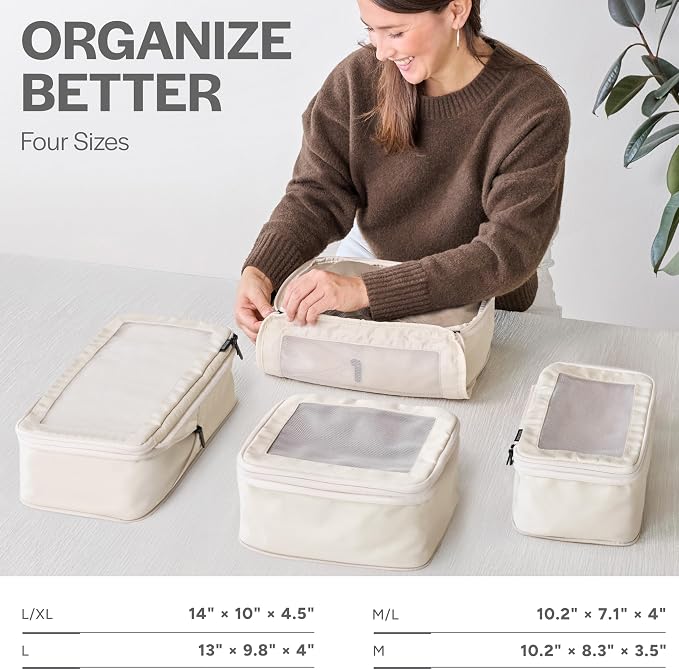 Compression Packing Cubes for Travel, 4-Pack, Beige | Solves overpacking, 4-Piece set fits most carry-ons, 50% Space savings, Compression luggage organizer bags