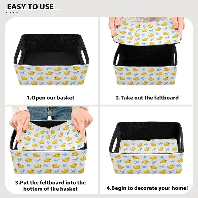 Emelivor Yellow Duck White Storage Basket Bins Set (2pcs) Felt Foldable Storage Bins with Fabric Rectangle Storage Organizing Baskets for Pet Books Clothes Closet Cabinet Organise