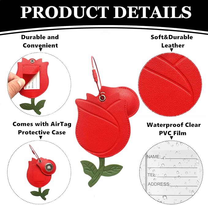 PU Leather Luggage Tag with Airtag Holder Case Set and Name ID Label | Hidden Compartment for AirTag Travel Suitcase Tracking Case with Stainless Steel Loop,Cute Fruit Plant Animals Styles,Rose