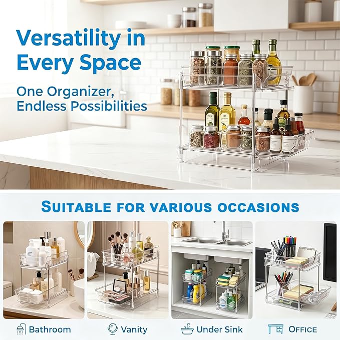 2-Tier bathroom cabinet organizer, bathroom organizers and storage with Adjustable Removable Dividers,Under Sink Organizing,Under Sink and Pull-Out Cabinet Organizer for Kitchen and Pantry Storage