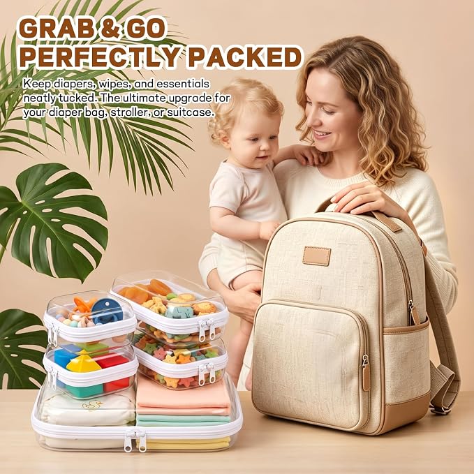 5 Pack Clear Hard Shell Zipper Case for Diaper Bag Organizer | 3 Size Travel Storage Pouch, Waterproof Pacifier Snacks Wipes Box, Cosmetic Makeup Toiletry Holder