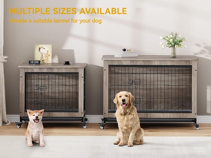 DWVO 27" Dog Crate Furniture with Wheels, Cushion & Tray | Dog Kennel Indoor End Table for Small Dog, Grey