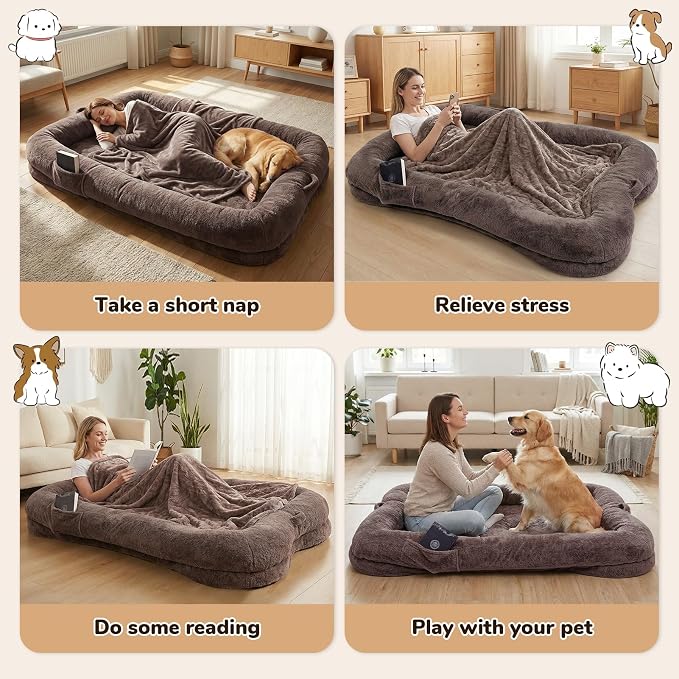 Human Dog Bed 71 x 47 x 12 in, Brown | Memory Foam Dog Bed for Humans & Large Pets, Removable & Washable, with Storage Pocket