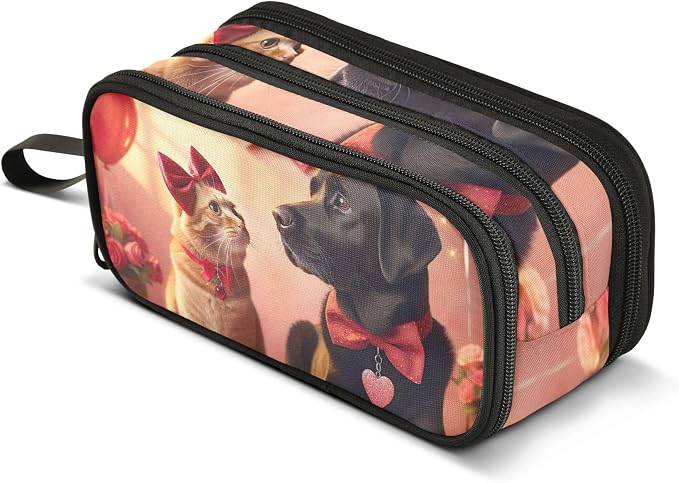 Valentine Love Pets Cat Dog Big Pencil Pouch Zipper Pencils Case Cute Pen Marker Bag for Girls Art Print Storage Pencil Bags Stationery Kids Organizer School Supply