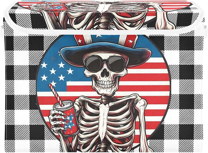Fabric Storage Bins with Lid America Skull Closet Storage Basket 40L | Decorative Storage Boxes, Foldable & Stackable, Dust-Proof Flip Top, Reinforced Handles, For Home & Dorm, Clothes & Toy Box