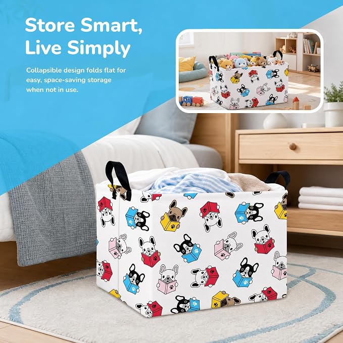 Large Dog Toy Basket Puppy Box Storage Bin (Blue Red) | Holder French Bulldog Stuff Organizer, Room Decor Gifts