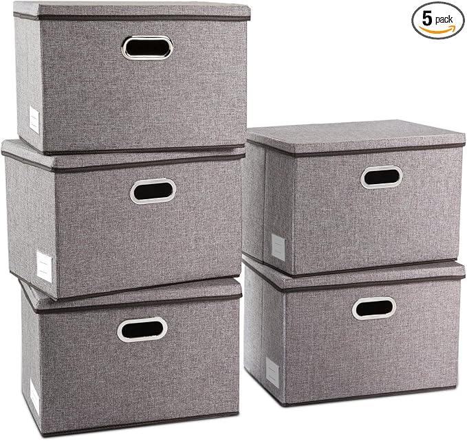 Large Collapsible Storage Containers with Lids [5-Pack] Linen Fabric Foldable Storage Bins Boxes Organizer Baskets Cube with Cover for Home Bedroom Closet Office Nursery (17.7x11.8x11.8)