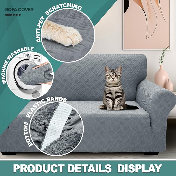 YEMYHOM Couch Cover Latest Jacquard Design High Stretch Sofa Covers for 2 Cushion Couch, Pet Dog Cat Proof Loveseat Slipcover Non Slip Elastic Furniture Protector (Medium, Leaf Pattern Light Gray)
