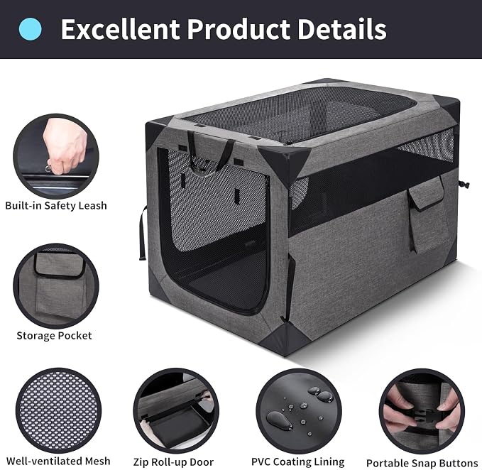 Zikopomi 30 Inch Portable Soft Foldable Dog Crate Dark Grey | 3 Zipper Door, Collapsible Soft Pet Kennel, Foldable Dog Cage, for Small and Medium Dogs, Indoor Outdoor Travel