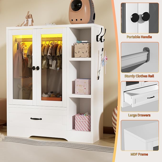 Pet Wardrobe Cabinet, Dog Clothes Closet with RGB LED, Acrylic Door & Drawer, MDF Wooden Storage Organizer for Cat Dog, White