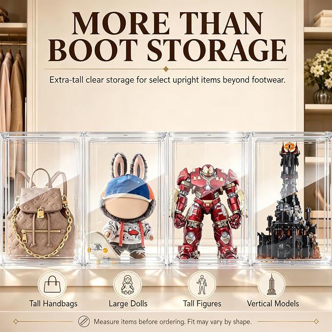 23.6'' Tall Boot & Shoe Boxes, Clear Dustproof Acrylic Display Case | 13.8'' x 12.2'' x 23.6'' tall display case for boots, upright handbags, dolls, figures and display storage,1 Pack
