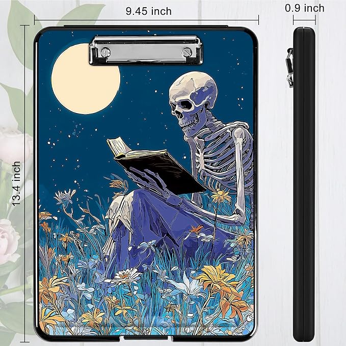 Heavy Duty Storage Clipboard, Slim Nursing Clipboard with Internal Pen Case, Portable File Organizer Case for A4 Letter Size Paper Office Medical Professionals, Book Skull Flower