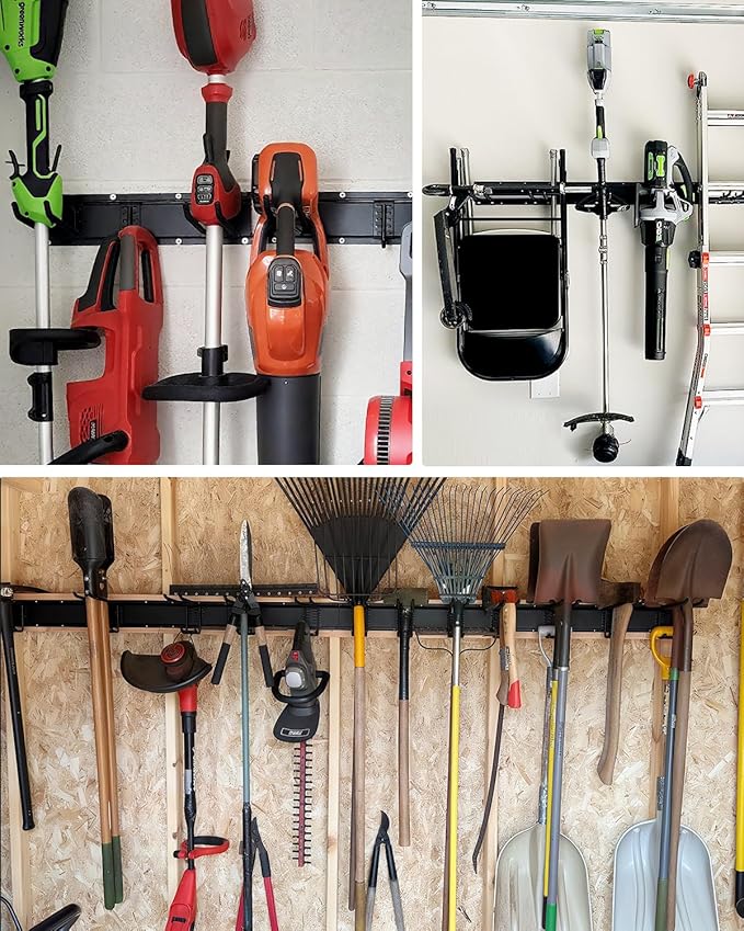 Garage Tool Organizer Wall Mount, 48in Tool Rack, 420LBS Capacity | Thick Steel, 3 Panels, 8 Movable Hooks in 4 Types, Rustproof Waterproof, Soft Anti-Scratch Hooks, Garden & Lawn Tool Storage