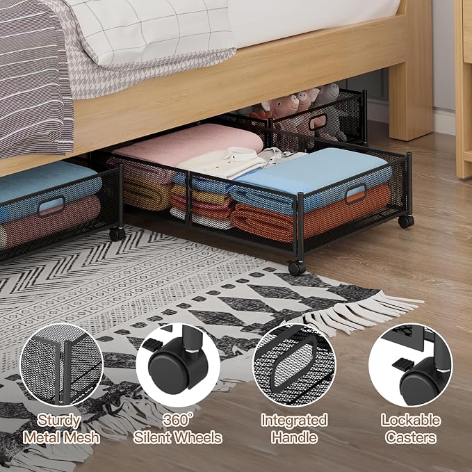 Gawerk Under Bed Storage with Wheels, Foldable Metal Mesh Underbed Storage Container Bins, Tool-free Assembly Clothes Drawer Organizer, 2Pack