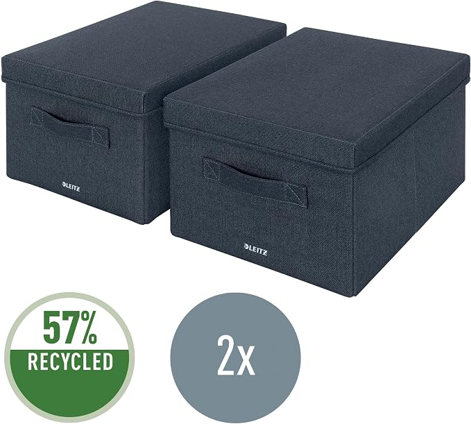 Leitz fabric storage box with lid, set of two storage cubes, foldable ottoman storage box, eco-friendly recyclable organizer box, velvet grey, medium size, 61440089