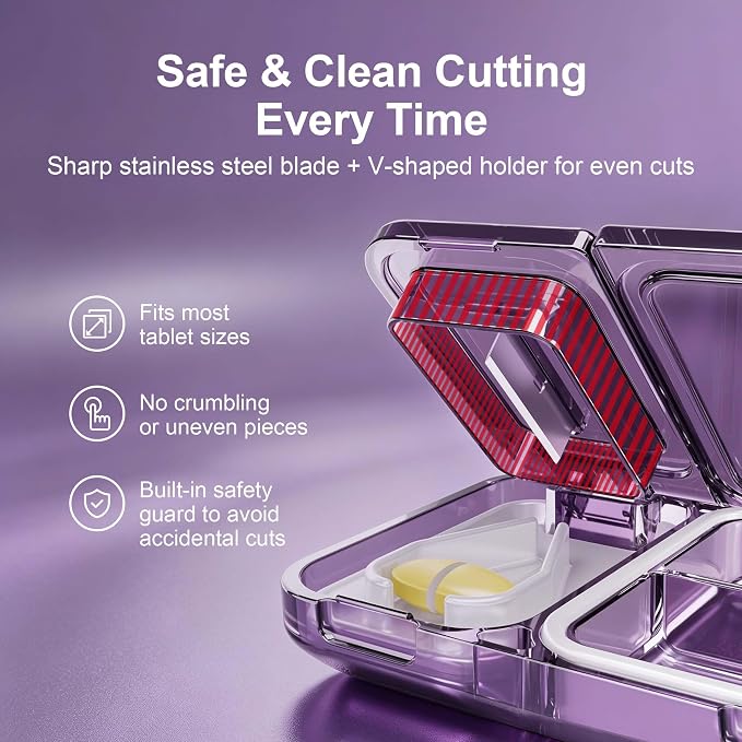 2-in-1 Pill Cutter and Splitter with Pill Organizer, Airtight Moisture-Proof Pill Case, Stainless Steel Blade for Tablets, Vitamins & Supplements, Travel Pill Case (Deep Purple)