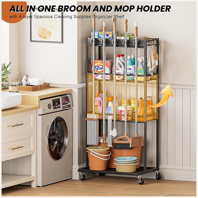 Olakee Taller Broom Holder with Cleaning Supplies Organizer, Broom Closet Storage Cabinet with Mop Hanger Gripper Rack Hooks, Housekeeping Janitorial Cart with Cleaning Caddy, Garage Home Improvement