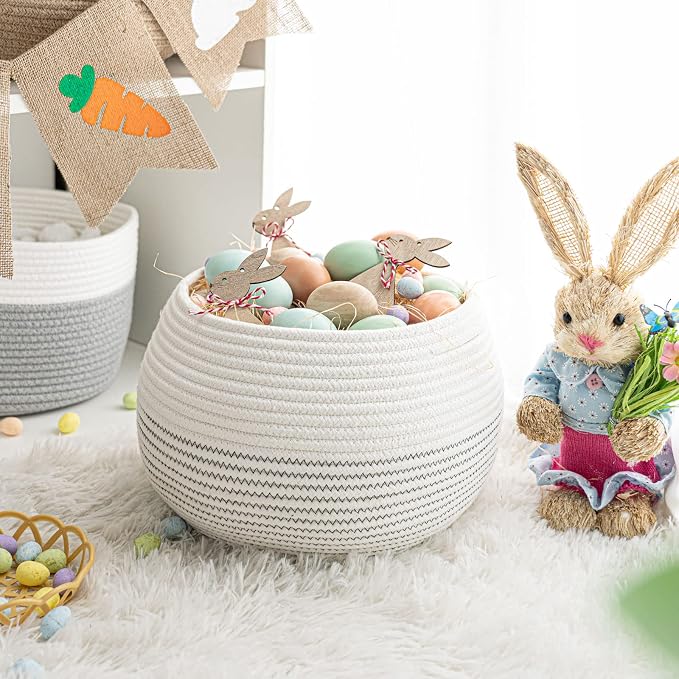 Goodpick Round Woven Rope Storage Basket for Shelves, 10" x 8.3", White | Decotative Small Basket for Toy Storage, Baby Gift Basket with Handles, Fits Living Roon & Nursery Décor, Plant Baskets
