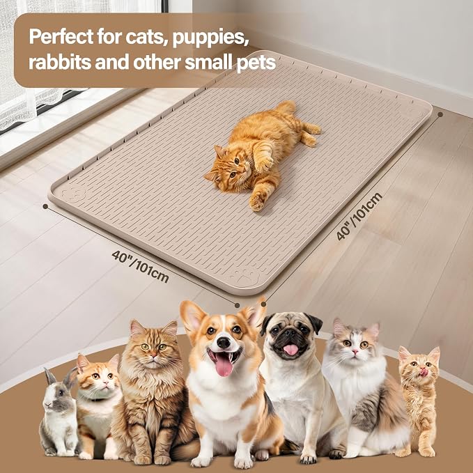 Silicone Cat Bed Mat 40"x40" Pet Crate Mat for Cat Cage, Khaki | Extra Large Cat Sleeping Mat, Non-slip, Washable, Waterproof Pet Bed Mat with Raised Edge, Pet Playpen Mat to Protect Floors
