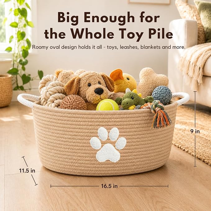 Dog Toy Basket with Handles, Boho Cotton Rope Storage Bin Organizer | Warm boho dog toy organizer, natural woven look. Holds toys, blankets & leashes. Machine washable, collapsible rope bin