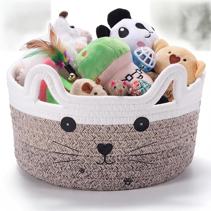 Zopeal Cat Storage Basket Woven Organizer with Ears Decorative Gift Cute Cotton Rope Pet Toy Basket for Gift Cat Dog Toy Bin Nursery Room(8.3 x 4.7 Inch,Gradient Khaki)