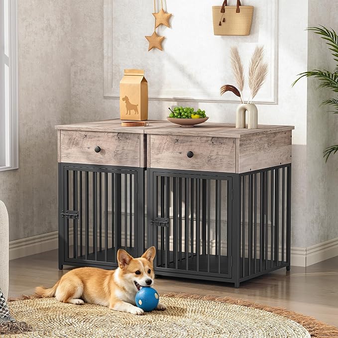 HOOBRO Dog Crate Furniture, Wooden Dog House, Decorative Dog Kennel with Drawer, Indoor Pet Crate End Table for Small Dog, Steel-Tube Puppy Cage, Chew-Proof, Greige BG01GW03