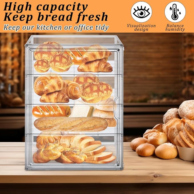YEXEXINM 4 Layers Adjustable Clear Bread Storage Box for Kitchen Countertop,Large Bread Storage Container, 4 Layers Acrylic Pastry Display Case, Clear Boxes Bread Holder for Bread, Bagel, Muffins