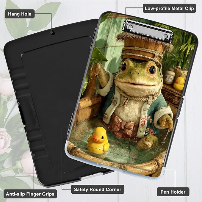 A4 Clipboard with Storage Pen Holder, Clipboards Organizer Nursing Clipboard Foldable File Folder Plastic Clipboard Folio Clip Board for Office Work Classroom Doctor, Bathing Frog