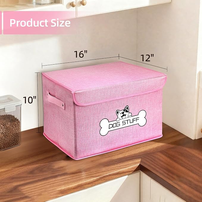 Dog Toy Basket with Lid, Collapsible Box for Pet Accessories | Storage Bin for Living Room, Fabric Container with Handle, Organizer for Small Medium dogs, Pink