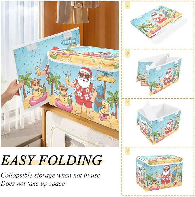Fabric Storage Bins with Lid Tropical Santa Beach Closet Storage Basket 40L | Foldable & Stackable, Flip Top Dust Guard, Reinforced Handles, Home & Bedroom, Clothes & Toys, Oxford Print Basket