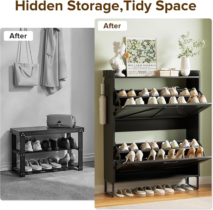 Urban Deco Shoe Cabinet with 2 Flip Drawers, Slim Shoe Storage for Entryway | Space Saving Shoe Cabinet with Flip Drawers, Shoe Storage Organizer for Entryway, Narrow Design for Small Spaces, Black