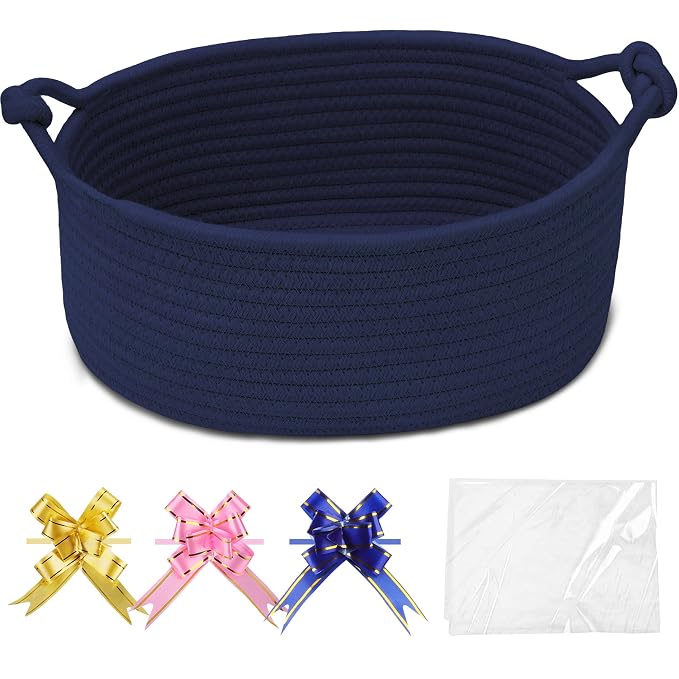 COMSE Small Gift Basket Empty with Bag & Ribbons, Solid Navy Blue | Cotton Rope, 12"x 8"x 5", Pet Toy Storage Organizer, Woven Basket for Birthdays, Baby Showers, Mother’s Day, Valentine’s Day