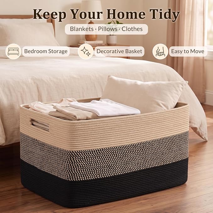 OIAHOMY 108L Extra Large Blanket Basket Dog Toy Basket Yellow Black | Rectangle Woven Baskets for Storage Cotton Rope Basket For Living Room Toy Storage Blanket Storage Laundry Basket