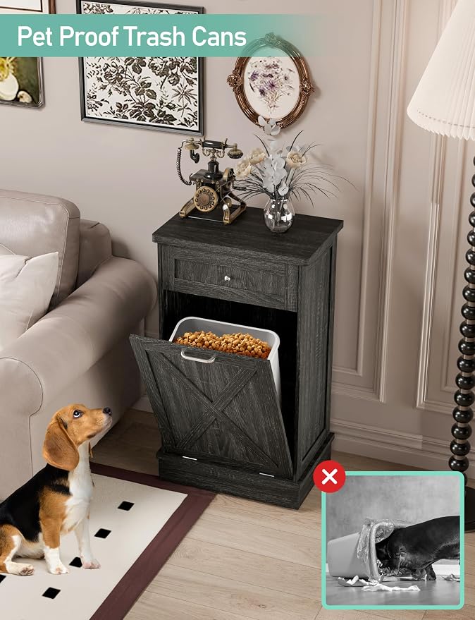 TOLEAD 10 Gallon Tilt Out Trash Can Cabinet Wooden Hidden Trash Cabinet with Solid Wood Top & Drawer, Farmhouse Kitchen Garbage Bin Enclosure Pet Proof Laundry Hamper for Kitchen, Bathroom Grey
