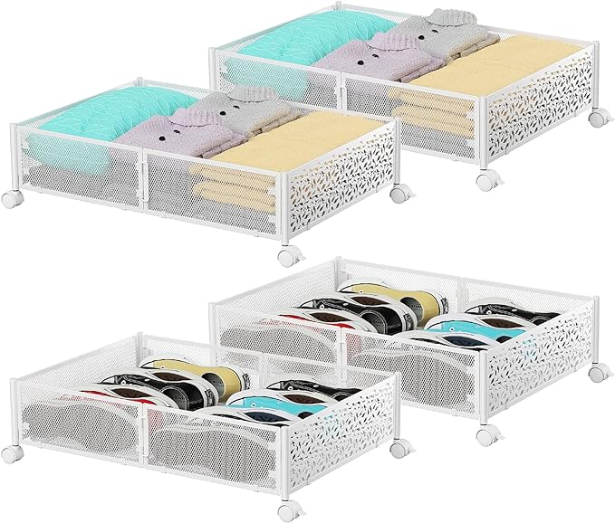 Under Bed Storage with Wheels,Patterned,Sturdy Metal,4 Pack,White | Tool-free assembly, glide smoothly, easy reach, foldable, maxmazie low-profile beds, dorm, keep seasonal clothes, shoes fresh