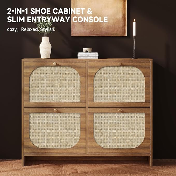 Freestanding Ultra Slim Arched Rattan Accent Shoe Storage Cabinet for Entryway - 4 Flip Drawers & 3-Tier Adjustable Shelves, Farmhouse Modern Rustic Shoe Rack for Hallway, Foyer Oak