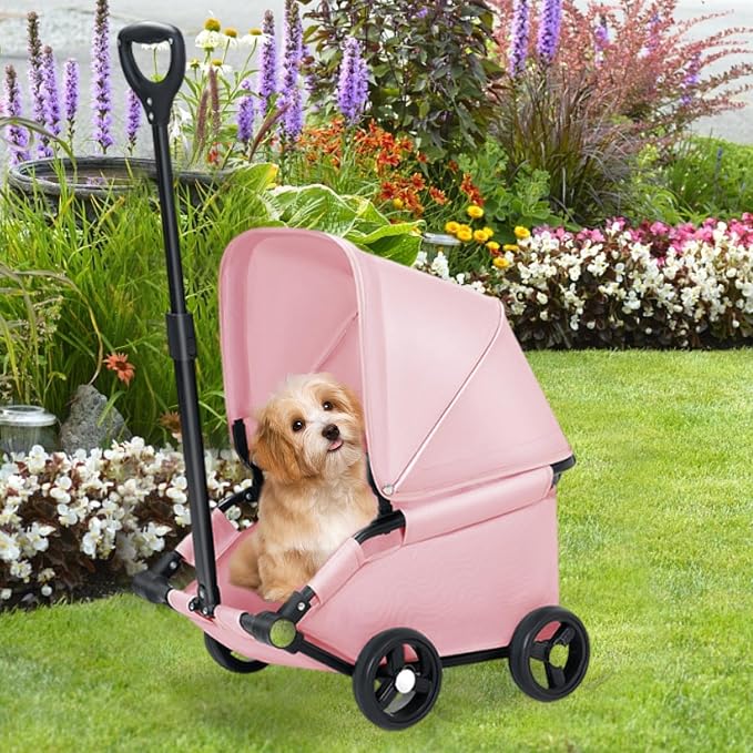 Dog Stroller Pet Stroller Dog Cart Pet Carrier with One Button Fold Three Rotation Pull Rod Lightweight Oxford Suitable for City, Pink