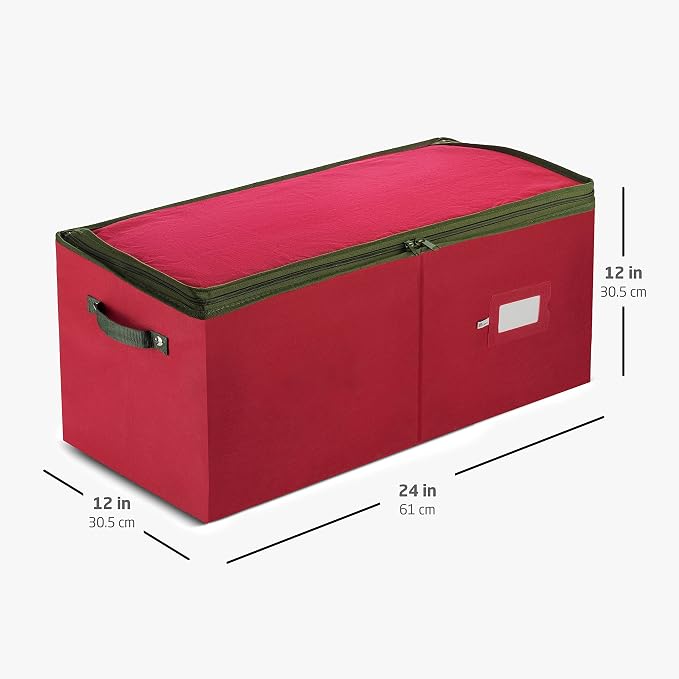 ZOBER Large Christmas Ornament Storage Box - Stores 54 4" Large Ornaments, With Dividers - Ornament Organizer Storage Box, Durable Christmas Containers Holder, Dual Zipper - Red