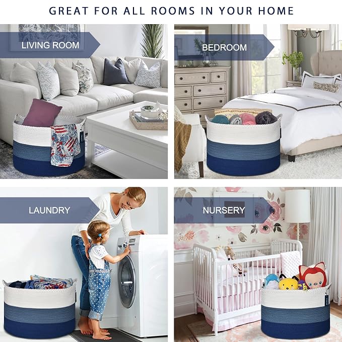 COMSE XXXLarge Woven Blanket & Laundry Basket, 87L, White & Blue | 21.7" x 13.8", Cotton Rope, Nursery Hamper for Storage of Toys Clothes Towels, Ideal for Living Room Bedroom Bathroom
