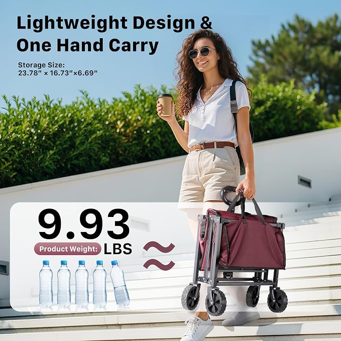 29.3" Collapsible Wagon Cart, 150L Heavy Duty Folding Utility Wagon with Wheels, 260 lbs Load, Portable Rolling Cart for Garden, Shopping, Sports, Camping, WineRed