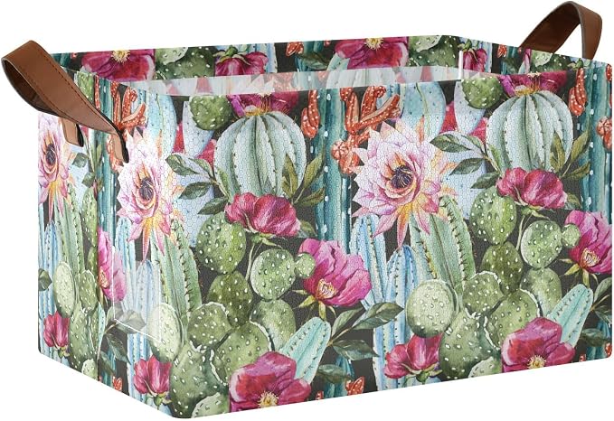 Cactus Floral Tropical Plant Storage Bins for Shelves with Labels&Handles Fabric Organizer Bin Foldable Rectangle Storage Basket Boxes for Closet, Bathroom, Home, Living Room