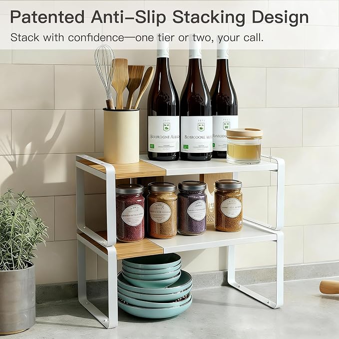 Bamboo Cabinet Organizer Shelf, Expandable Cupboard Storage White | Maximize your kitchen counter shelf space with this 13-21.5 inch expandable, stackable bamboo spice rack