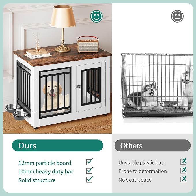 YITAHOME 28" Dog Crate Furniture, Wooden Side End Table with Adjustable Feet and Removable Bowls, Dog Kennel Indoor for Small Dogs | Wooden Side End Table, Dog Kennel Indoor for Small Dogs