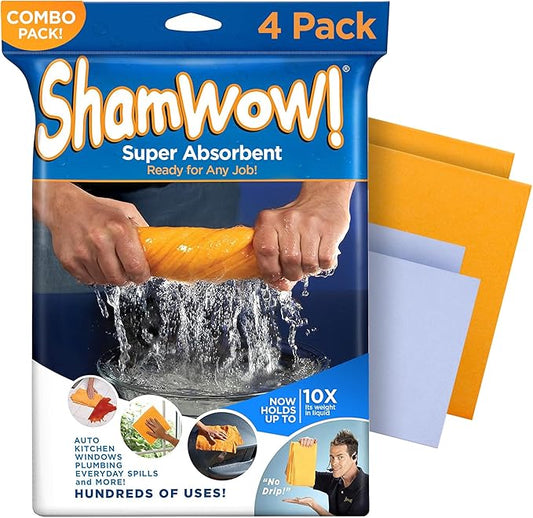 ShamWow Original Super Absorbent Multi-Purpose Cleaning Shammy Chamois Towel Cloth - Holds 10X its Weight in Liquid - Machine Washable - Will Not Scratch (4 Pack: 2 Large Orange & 2 Small Blue).