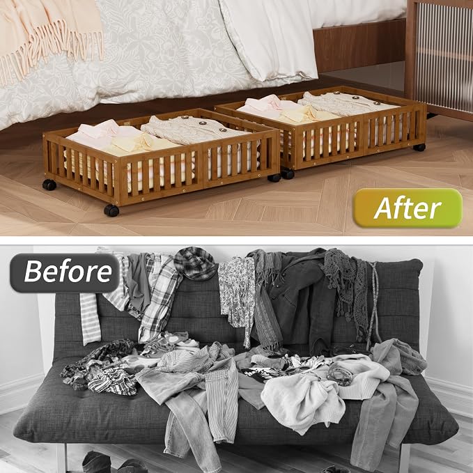 Under Bed Storage with Wheels, 2 Pcs Bamboo Drawers for Clothes and Toy | 360° wheels glide smoothly. Sturdy bamboo frames hold clothes, shoes, bedding and toys. Easy pullout access keeps rooms tidy