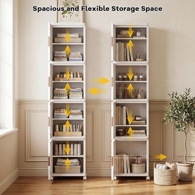 4-Tier Tall Narrow Plastic Storage Cabinet, Foldable | Rolling Organizer with Lid,4 Doors,2 Adjustable Shelves,Stackable,Durable PP,Freestanding Bathroom Cabinet for Slim Space